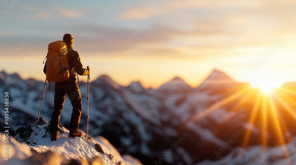 Hiker Enjoying Scenic Mountain Sunrise View Hiker Enjoying Scenic Mountain Sunrise View