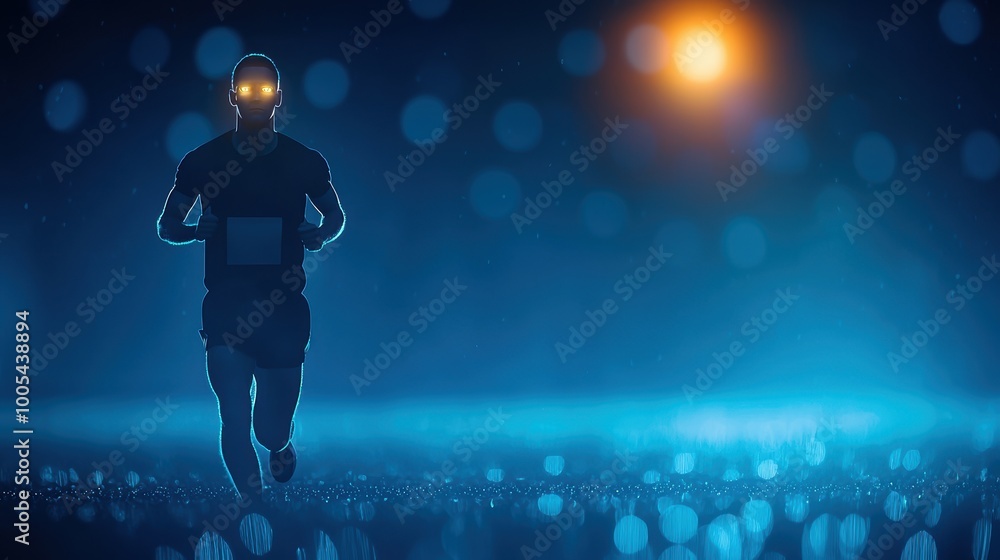 Fototapeta premium Runner in Dark with Glowing Eyes at Sunset