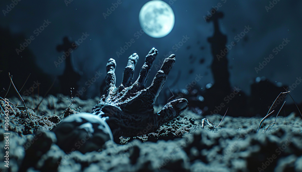 Dead Zombie Hand Coming out from the Soil full moon Graveyard Spooky Night Halloween Dead Zombie Hand Coming out from the Soil full moon Graveyard Spooky Night Halloween
