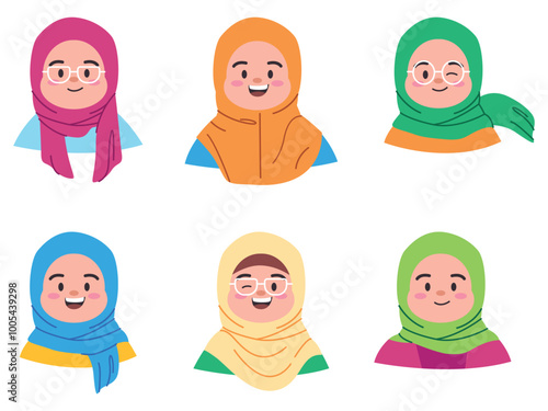Cute facial expressive hijab Muslimah Islamic chibi character colorful happy expression design set collection