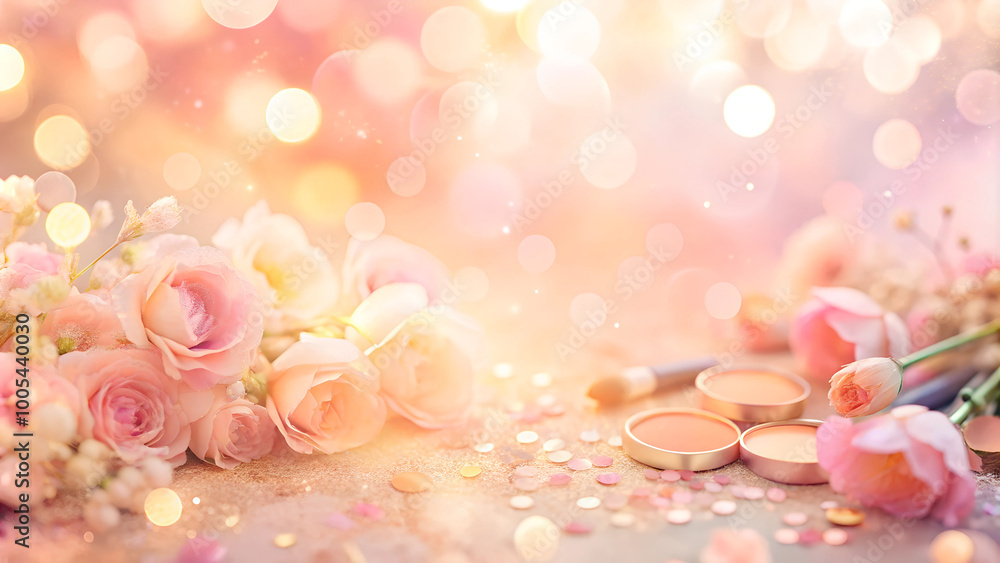 Makeup products and pink roses in a romantic atmosphere with glittering background
Makeup products and pink roses in a romantic atmosphere with glittering background