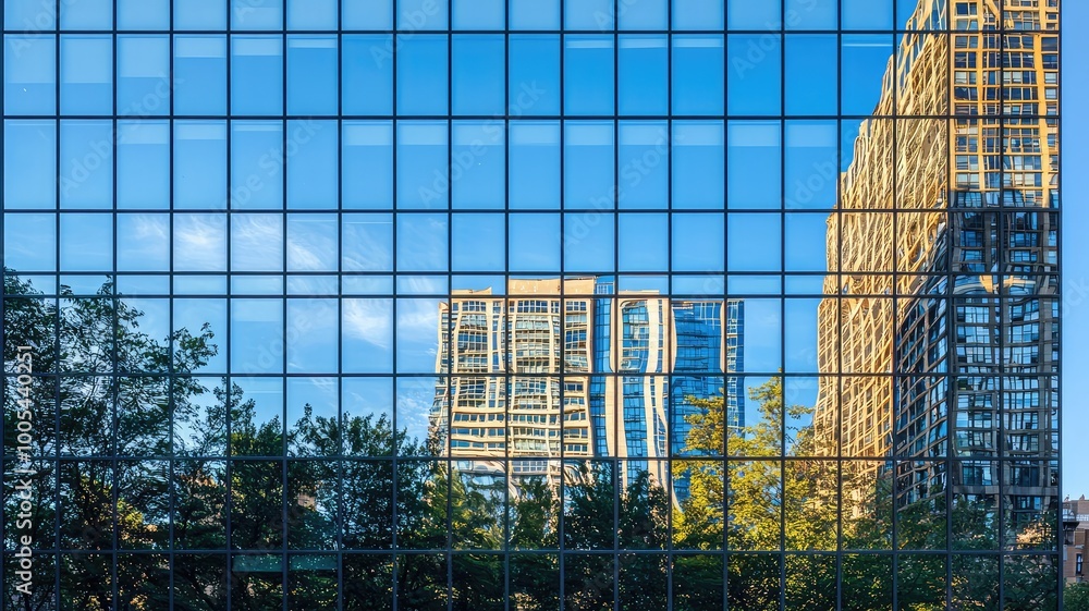Obraz premium A modern building with reflective glass facade, reflecting a city skyline with other buildings and trees.