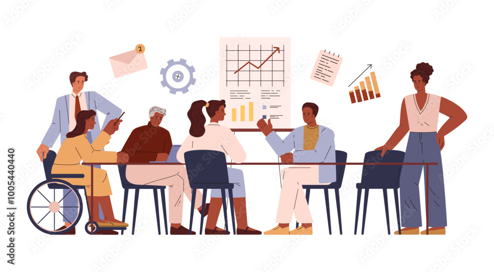 Vector illustration business team, including a person with disabilities, an adult male at a table Vector illustration business team, including a person with disabilities, an adult male at a table