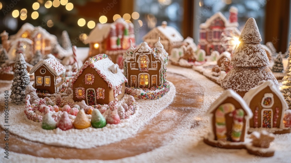 A Gingerbread Village with a Snow-Covered Tree and Candy Decorations A Gingerbread Village with a Snow-Covered Tree and Candy Decorations