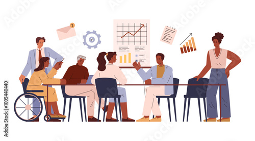 Vector illustration business team, including a person with disabilities, an adult male at a table