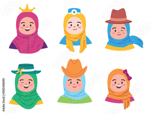 Cute Islamic Muslimah hijab style fashion chibi female colorful character happy gesture expression collection set design