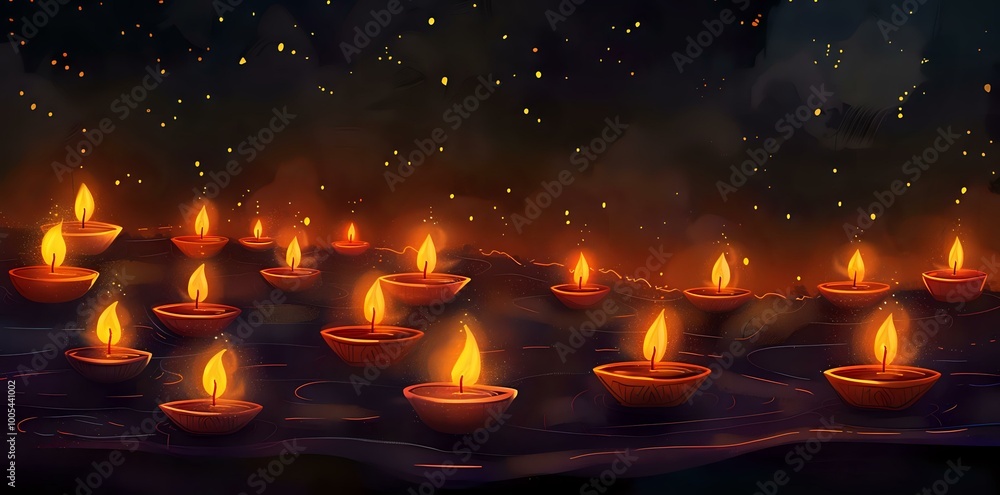 A serene scene of floating candles illuminating a dark, starry night. A serene scene of floating candles illuminating a dark, starry night.