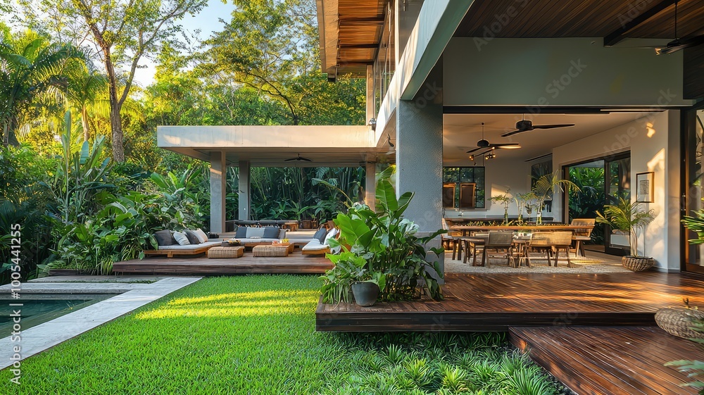Fototapeta premium A modern outdoor living space blending luxury and nature, featuring lush greenery, a pool, and comfortable seating for relaxation.