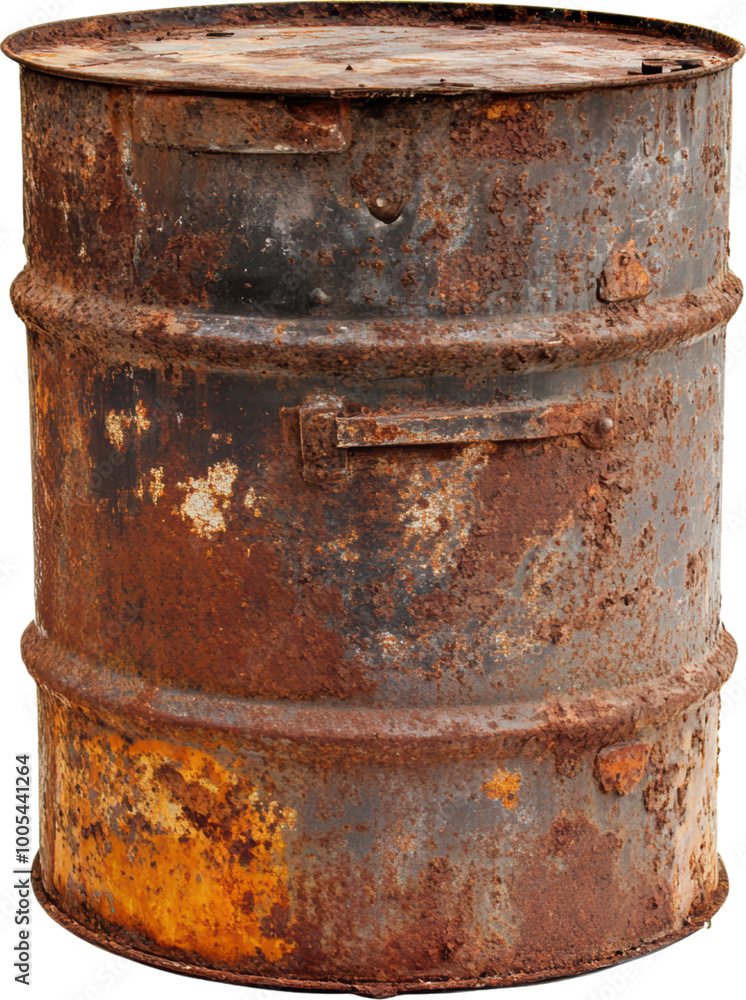 A rusted barrel with a black lid sits on a white background. The barrel is old and worn, with rust covering its surface. Concept of decay and abandonment A rusted barrel with a black lid sits on a white background. The barrel is old and worn, with rust covering its surface. Concept of decay and abandonment