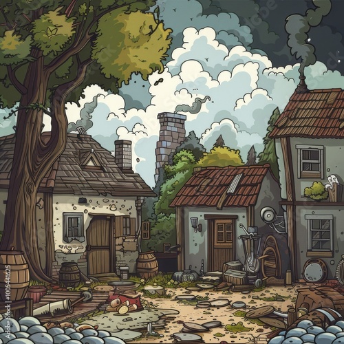 Realistic hand-drawn cartoon scene with high-detail elements.