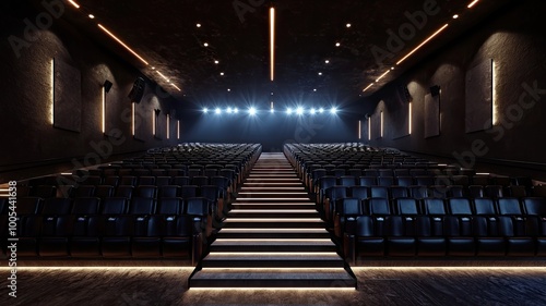 A modern theater interior featuring empty seats and dramatic stage lighting, perfect for showcasing performances or events.