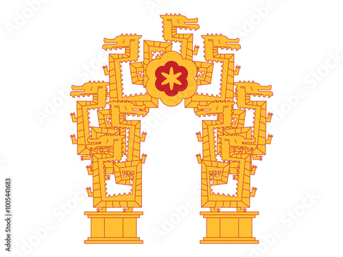 Dragon gate temple China building Chinese traditional oriental architecture building style tourism attraction mythological creature inspire design set icon