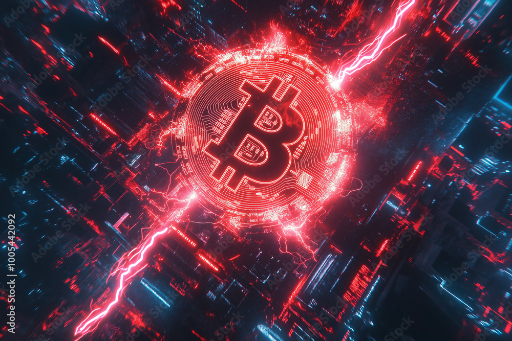 Abstract visualization of cryptocurrency surge with the Bitcoin symbol illuminated by a lightning strike, symbolizing market growth and strength. Abstract visualization of cryptocurrency surge with the Bitcoin symbol illuminated by a lightning strike, symbolizing market growth and strength.