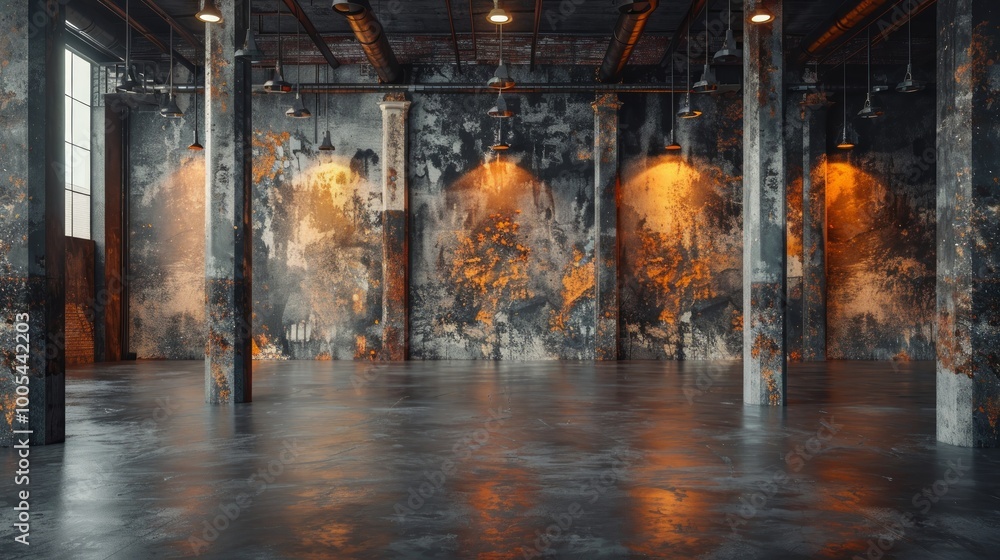 Naklejka premium Dark industrial style of interior design with grunge walls and brick pillars, loft style, 3d render