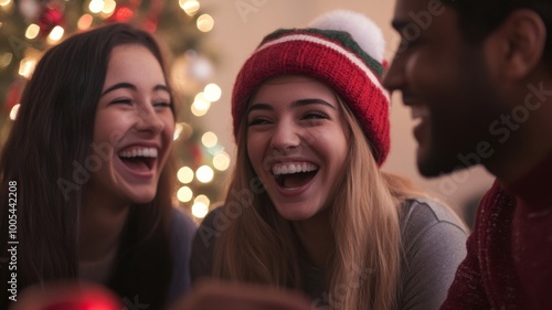 Two friends laughing together by a Christmas tree