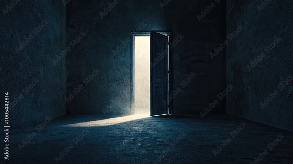 A mysterious empty room with an open door, casting light and shadows, symbolizing opportunity and exploration. A mysterious empty room with an open door, casting light and shadows, symbolizing opportunity and exploration.