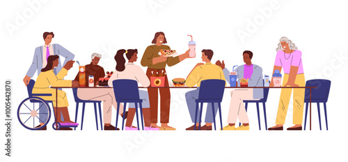 Vector illustration different people, including a person with disabilities, an adult man, a at lunch