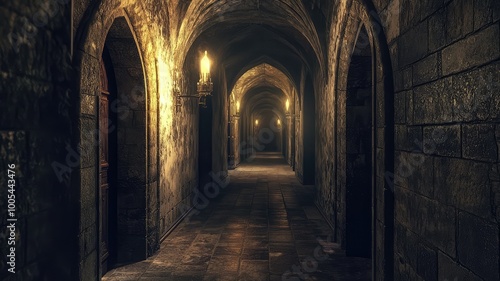 A mysterious, dimly lit stone corridor with arched ceilings and flickering lights, evoking a sense of intrigue and history.