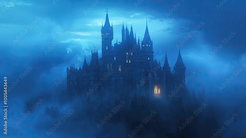 Fototapeta premium A mystical castle shrouded in fog, bathed in blue light, creating a serene and enchanting atmosphere.
