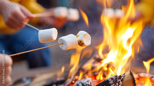 Families roasting marshmallows over a crackling fire pit, making delicious summer s'mores treats