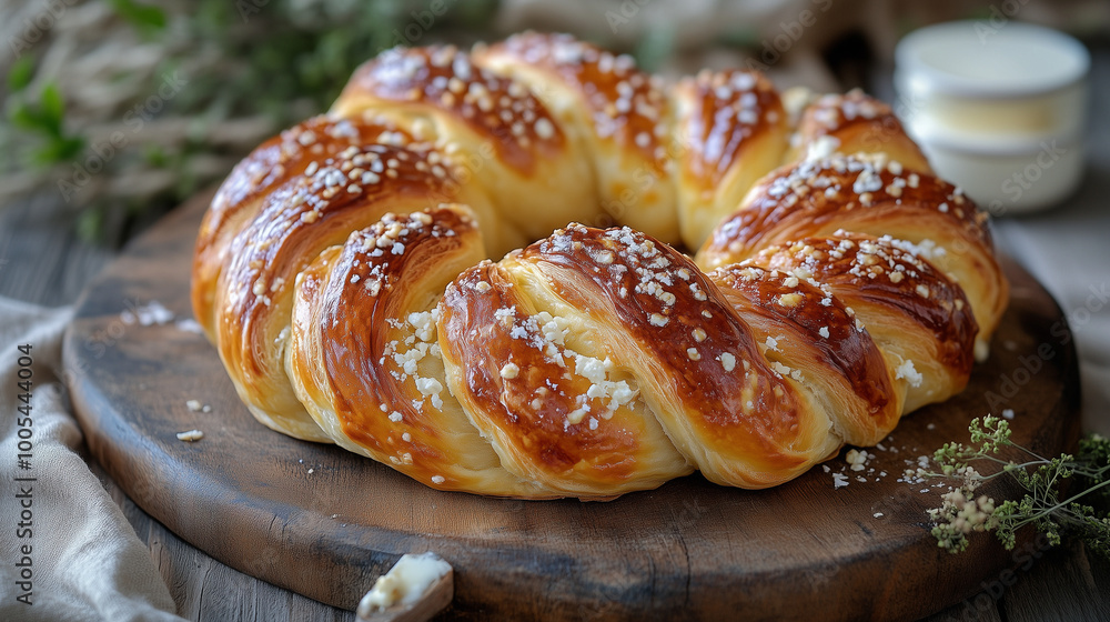A fluffy braided crown with a crispy crust, sprinkled with sugar, on a wooden board. A refined pastry, perfect for tea time A fluffy braided crown with a crispy crust, sprinkled with sugar, on a wooden board. A refined pastry, perfect for tea time