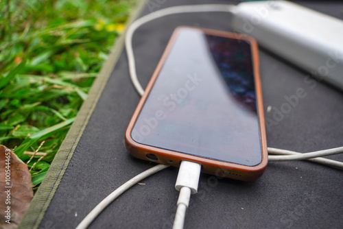 Fotografi The appearance of a cellphone being charged on a grass carpet, the concept of ch