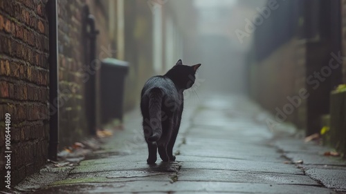 Black cat walking down a misty alleyway, evoking mystery and curiosity.