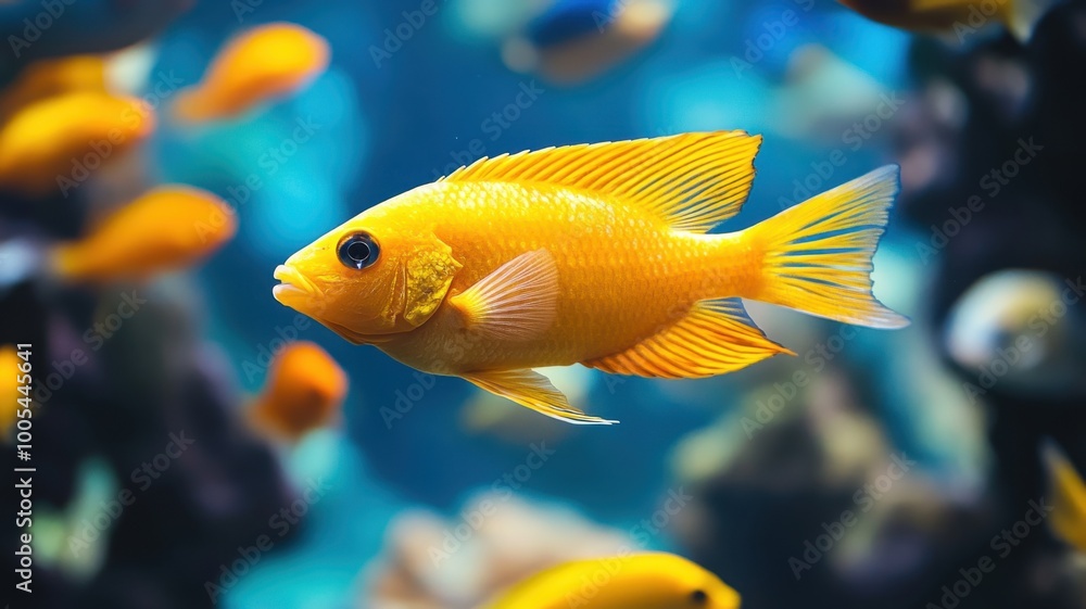 Bright yellow fish swimming in a vibrant aquarium environment. Bright yellow fish swimming in a vibrant aquarium environment.