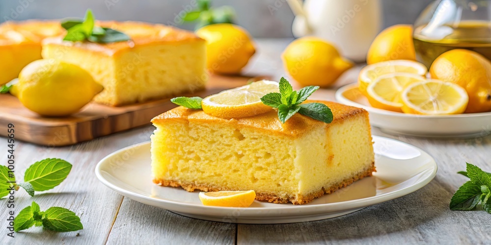 Lemon Cake with Mint Garnish on a White Plate Lemon Cake with Mint Garnish on a White Plate
