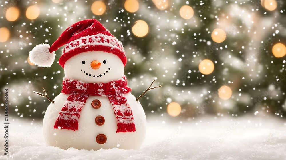 Fototapeta premium A Charming Snowman Decorated with Holly and a Scarf Bringing Joy to Winter Wonderland