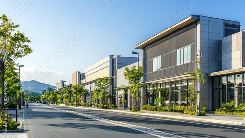 A picturesque urban street lined with modern buildings and lush greenery under a clear blue sky.