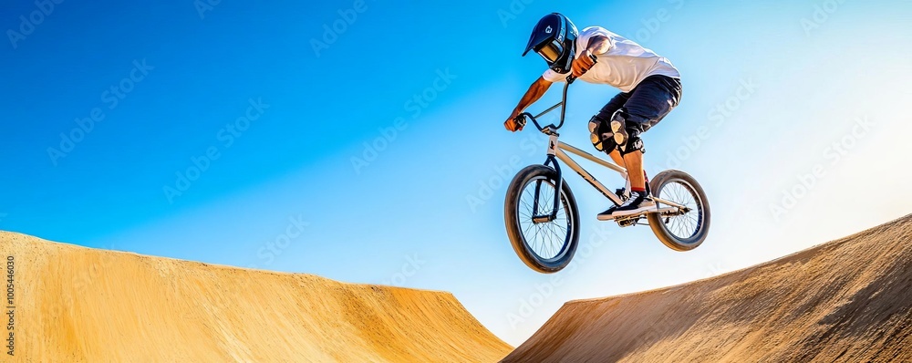 Fototapeta premium BMX rider executing a 360 spin over a dirt ramp, capturing the excitement of extreme biking