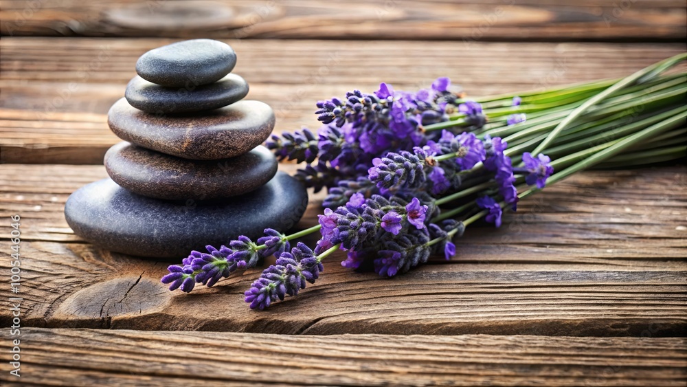 Stacked Stones and Fragrant Lavender on Rustic Wood Stacked Stones and Fragrant Lavender on Rustic Wood