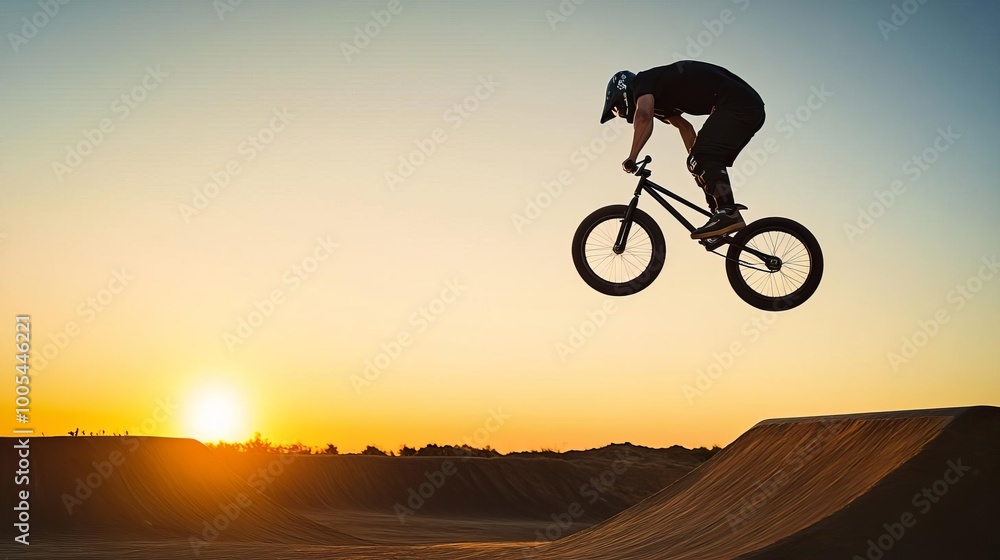 Fototapeta premium BMX rider executing a backflip over a dirt ramp, intense action, capturing adrenaline in a sunset background