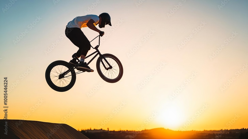 Fototapeta premium BMX rider executing a barspin, sunset lighting, capturing the skill, movement, and excitement of extreme cycling