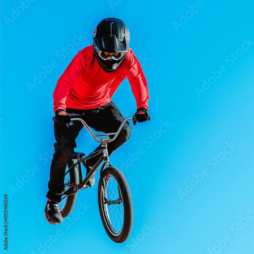 BMX rider executing a tailwhip, mid-air, intense concentration, capturing the skill and daring of extreme biking photo