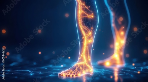 Glowing Human Leg with Digital Elements in Dark Background