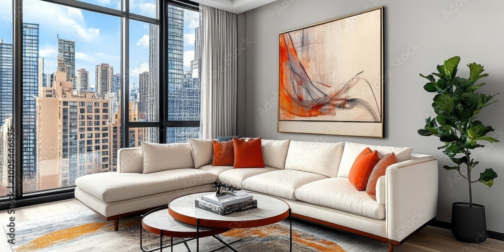 Modern living room, abstract art, white sofa, orange accent pillows, round coffee tables, large potted plant, floor-to-ceiling windows, textured area rug, grey walls, contemporary interior design, nat Modern living room, abstract art, white sofa, orange accent pillows, round coffee tables, large potted plant, floor-to-ceiling windows, textured area rug, grey walls, contemporary interior design, nat