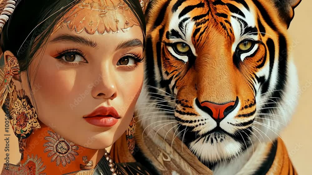 A woman with elaborate jewelry and a tiger's face are shown in close proximity in this image A woman with elaborate jewelry and a tiger's face are shown in close proximity in this image