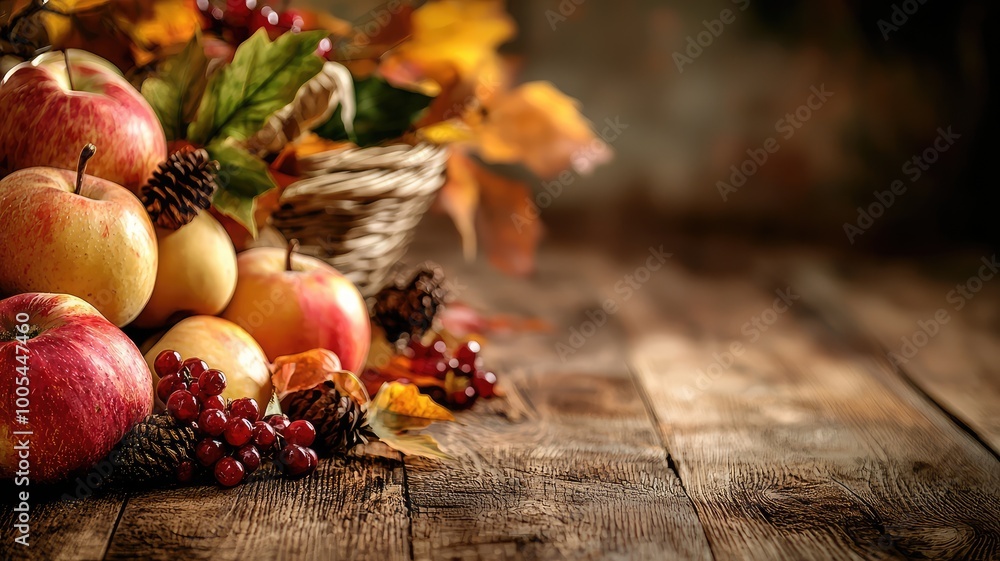 A rustic display of fresh apples surrounded by autumn leaves and pinecones on a wooden table, evoking a cozy seasonal atmosphere. A rustic display of fresh apples surrounded by autumn leaves and pinecones on a wooden table, evoking a cozy seasonal atmosphere.