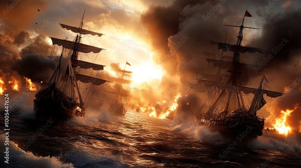 Obraz premium Dramatic Naval Battle with Explosions and Flames
