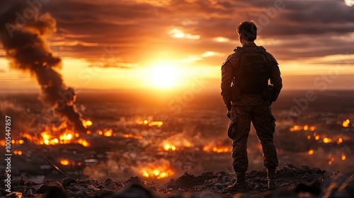 Soldier Watching Sunset Over Fiery Landscape