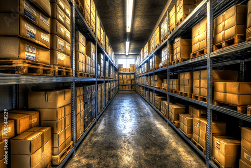 Wallpaper Mural A spacious warehouse filled with neatly stacked cardboard boxes on metal shelves, illuminated by overhead lights. Torontodigital.ca