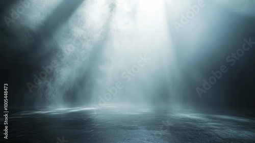 A serene atmosphere featuring ethereal light beams piercing through mist, creating a tranquil and mystical environment.