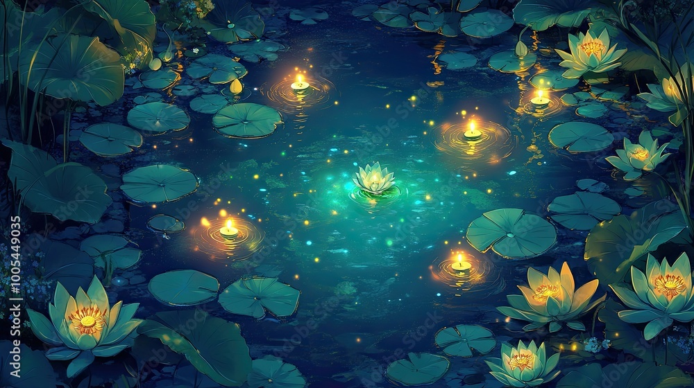 Enchanted Water Lily Pond: A mesmerizing scene of a serene pond adorned with luminous water lilies and glowing lanterns. This ethereal image evokes a sense of tranquility and enchantment. Enchanted Water Lily Pond: A mesmerizing scene of a serene pond adorned with luminous water lilies and glowing lanterns. This ethereal image evokes a sense of tranquility and enchantment.