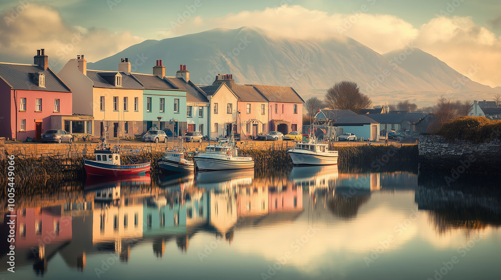 Colorful houses of a fishing village along a canal with moored boats, set against a mountain backdrop in evening light Colorful houses of a fishing village along a canal with moored boats, set against a mountain backdrop in evening light