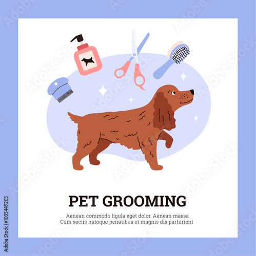Pet grooming cartoon vector advertising poster, dog with hairdressing, brushing and cleaning the coat of pets service