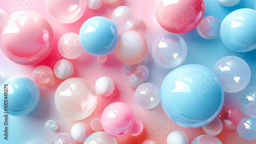 An enchanting arrangement of glossy spheres in pink and blue hues, gently glowing