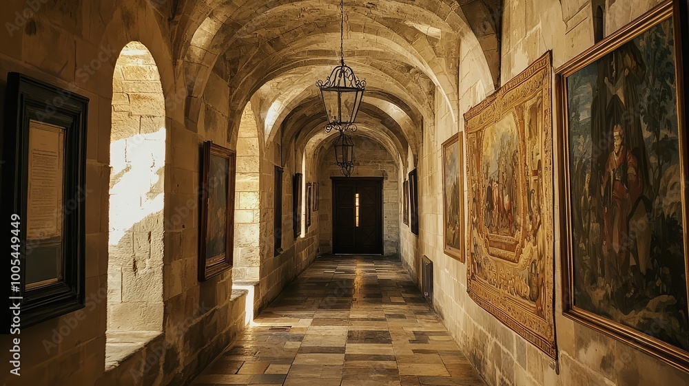 Obraz premium A serene corridor adorned with historical paintings, showcasing classic architecture and warm lighting.