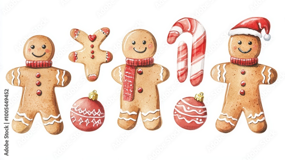 Fototapeta premium Set watercolor elements with Gingerbread cookies,Cup cocoa and sweets,cookies,sweet holiday card,Christmas menu,season greeting,xmas and New Year sweet composition,space for text.